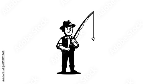 Cartoon fisherman holding fishing rod vector illustration icon