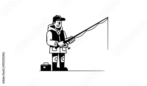 Fishing man cartoon character with rod vector icon illustration