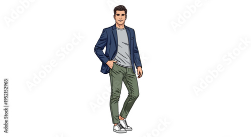 A stylish man in a blue blazer, grey t-shirt, and olive green pants, standing confidently against a white background