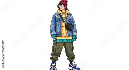 Young individual in stylish streetwear with a denim jacket and cargo pants, exuding a trendy and urban aesthetic