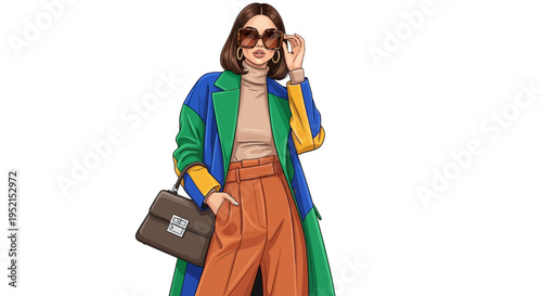 Stylish young woman in colorful autumn coat and fashionable accessories posing confidently for a portrait