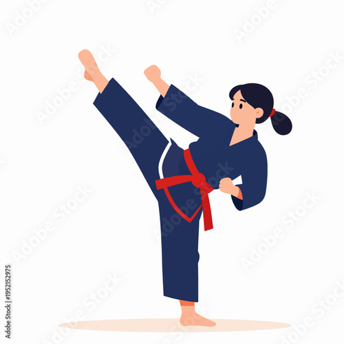 A single young Asian woman performing a dynamic karate high kick in a flat vector illustration style, wearing a traditional white gi with a black belt