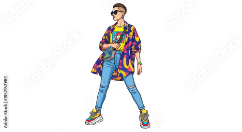 Vibrant graphic illustration of a confident, stylish person wearing trendy streetwear, showcasing bold colors and individual fashion expression with an urban flair