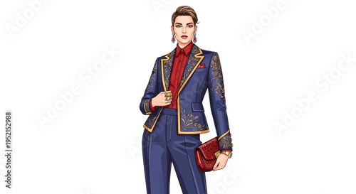 Elegant woman in a stylish blue suit with gold trim, holding a red clutch bag, exuding confidence and sophistication