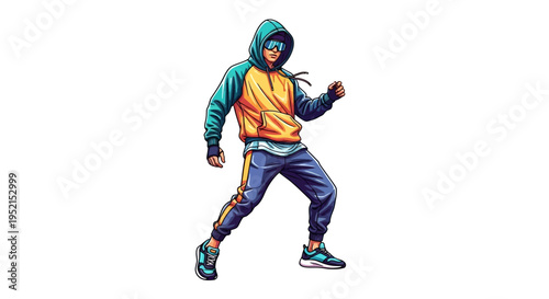 Vibrant illustration of a stylish young man in a colorful hoodie and sunglasses, striking a dynamic pose that embodies urban street culture and modern lifestyle