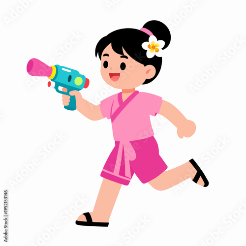 Cheerful Southeast Asian girl child wearing traditional Thai sarong and frangipani flowers playing with a water gun during Songkran festival celebration outdoors, smiling and happy concept.