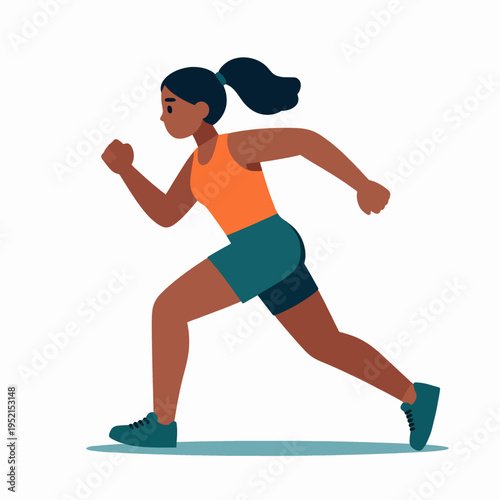 Athletic Young African American Woman Sprinter Running Fast, Professional Female Athlete in Dynamic Motion, Fitness and Sports Concept Illustration Isolated on White Background, Energetic Mood