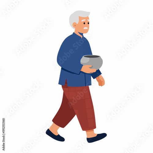 Senior Southeast Asian man in traditional clothing walking with an alms bowl, elderly Burmese male in blue shirt and checkered red sarong, spiritual concept, isolated on white background