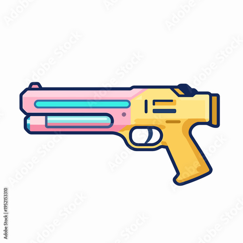 Futuristic Sci-Fi Blaster Pistol in Flat Vector Style, Minimalist Toy Gun Illustration with Pastel Pink and Cyan Accents, Creative Gaming Concept Art Isolated on White Background for Graphic Design