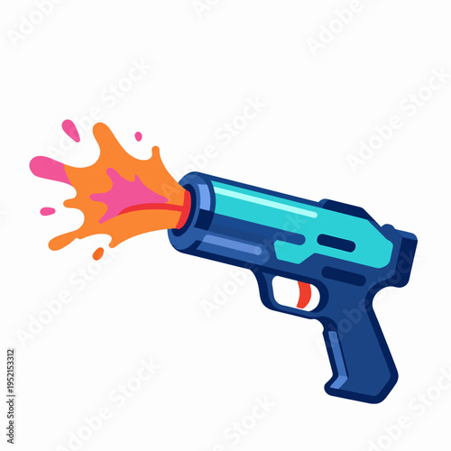 Futuristic Blue Water Blaster Toy with Vibrant Pink and Orange Liquid Splashes, Flat Vector Illustration of a Single Squirt Gun for Summer Fun and Outdoor Play Concept, Isolated on White