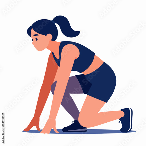 Flat vector illustration of a single young Asian female athlete in a focused sprinting starting position, minimalist sports design for fitness and track and field concepts, isolated on white.