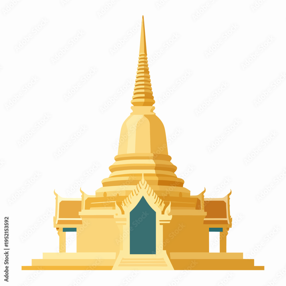 Obraz premium Flat vector illustration of a single golden Southeast Asian stupa, traditional Thai temple architecture icon, minimalist Buddhist spire design isolated on white background, spiritual concept.