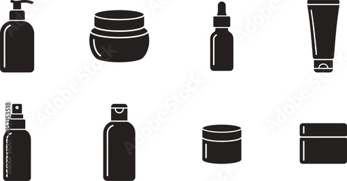 Cosmetic Packaging Icons Set Vector Flat Illustration of Beauty Products Bottles Jars and Skincare Containers Symbols