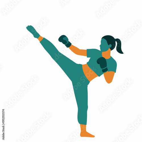 Flat Vector Illustration of a Single Southeast Asian Woman Muay Thai Fighter Performing a High Kick at a Gym, Active Lifestyle and Martial Arts Concept, Isolated on White Background