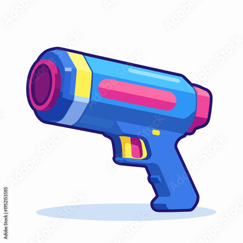 Vibrant flat vector illustration of a single futuristic water blaster toy for kids summer outdoor play, featuring a sleek blue and magenta design with a yellow pressurized tank, isolated on white.