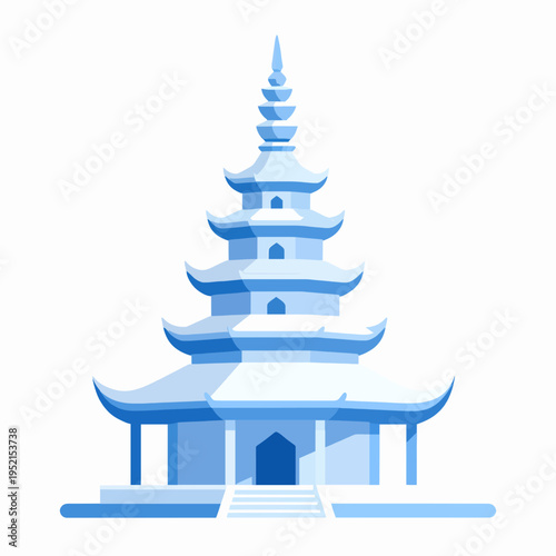Flat vector illustration of a single traditional Thai Buddhist temple pagoda at a festival, outdoors, morning, minimalist architectural concept, Southeast Asian culture, serene mood
