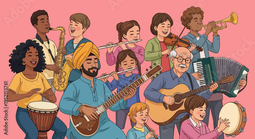 Diverse musicians playing various instruments together.