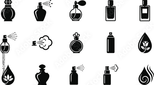 Perfume and Fragrance Icons Set Vector Flat Illustration of Perfume Bottles Sprays and Cosmetic Essence Symbols