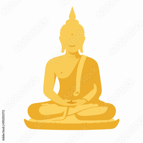 A serene golden Buddha statue in a meditative sitting pose for the Thai Songkran Festival, showcasing traditional Southeast Asian religious art and spiritual culture on a clean white background.