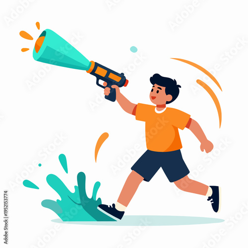 Joyful South Asian boy child playing with a colorful water gun during Holi festival outdoors, wearing a purple t-shirt and blue shorts, energetic liquid splashes, flat vector illustration.