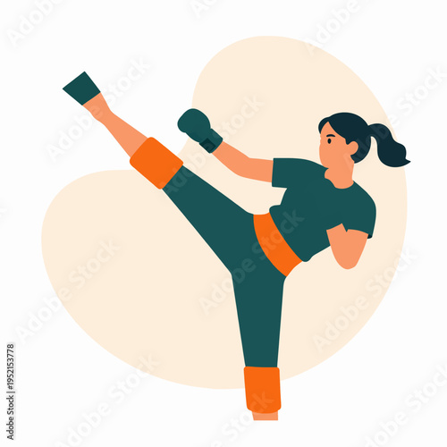 Muay Thai Female Fighter Kick, Young Adult Asian Woman Martial Artist in Athletic Wear Performing High Roundhouse Kick, Minimalist Flat Vector Illustration for Fitness and Combat Sports Concept