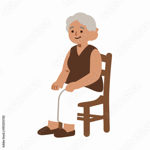 Elderly Southeast Asian woman sitting on a chair, senior Thai grandmother in traditional attire, peaceful mood, domestic life concept, isolated vector illustration on white background