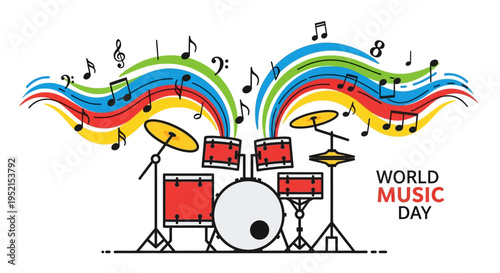Drum kit with colorful musical notes.