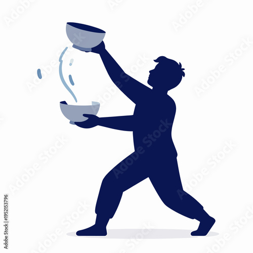 A happy Southeast Asian man celebrating Songkran festival by throwing water from a bowl, single person outdoors, joyful mood