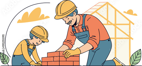 Father and Son Builders Laying Bricks Together, Wearing Hard Hats and Overalls, Constructing a House Frame in a Flat Vector Illustration