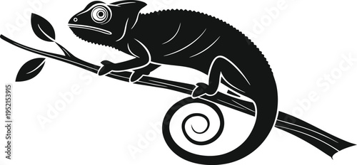 Black Chameleon Silhouette Vector Illustration Perched on a Tree Branch with Leaves, Detailed Reptile Graphic for Nature and Wildlife Designs