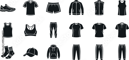 Sportswear and Fitness Clothing Icons Set Vector Flat Illustration of Gym Apparel and Sports Accessories Symbols