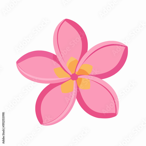 Flat vector illustration of a single blooming pink frangipani flower with a yellow center, representing a Southeast Asian summer and tropical spa concept, isolated on a white background.