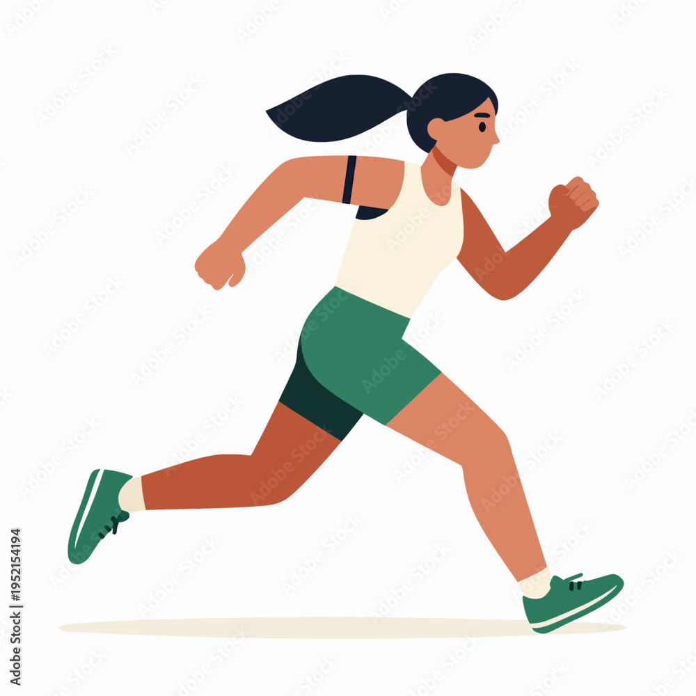 Fototapeta premium Flat Vector Illustration of a Single Young Black Woman Sprinter Running, Minimalist Athletic Concept, Dynamic Action Pose in Earthy Terracotta and Green Tones, Isolated on White Background