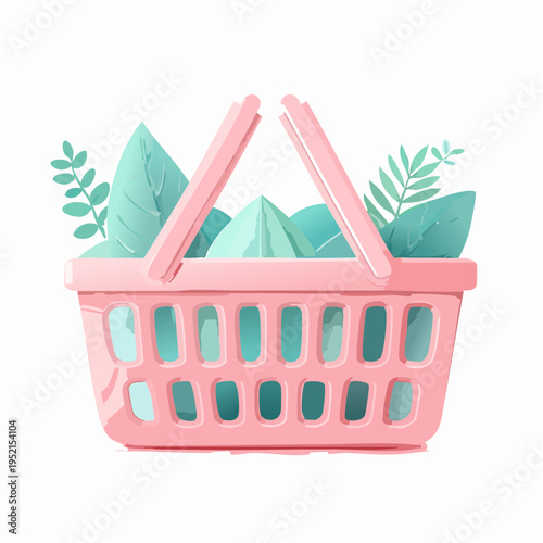 Pink shopping basket filled with fresh green leaves and stylized plants, representing eco-friendly shopping and healthy living
