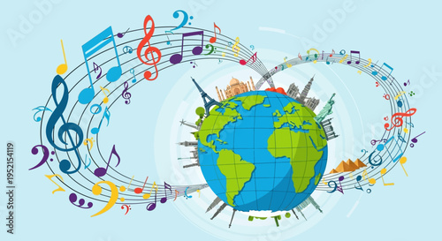 Earth surrounded by colorful music notes.
