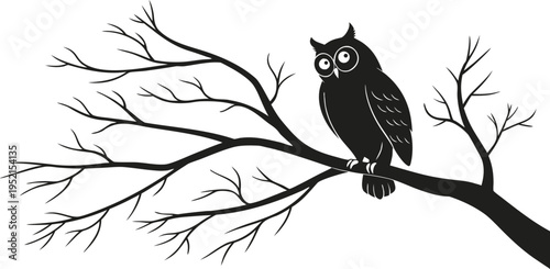 Stylized black owl with white eyes perched on a bare tree branch, isolated vector illustration for nature, wisdom, or nocturnal themes