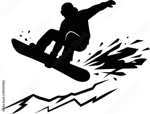 Dynamic monochromatic graphic of a snowboarder performing mid air trick with snow spray