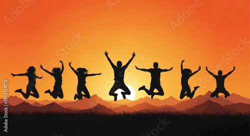 Group of friends jumping for joy at sunset.