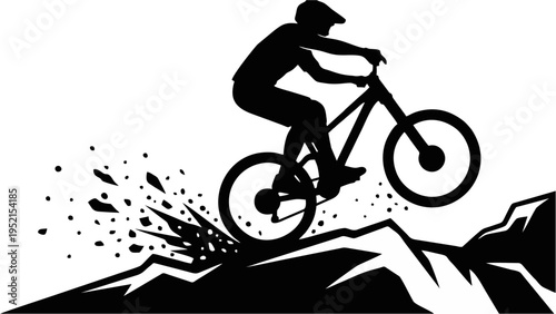 Dynamic monochromatic graphic of a downhill mountain biker in mid air with dust spray