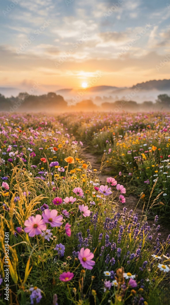 Obraz premium Wildflower meadow at sunrise with golden light and misty landscape