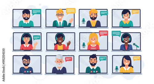 Illustration of diverse people in video conference on multiple screens with speech bubbles on a white background.