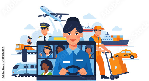 Flat illustration of a transport worker surrounded by various modes of transportation and coworkers on a digital screen with a vibrant and modern style.