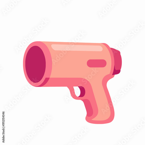 A single pink and orange plastic water blaster toy for kids, flat vector illustration of a summer squirt gun, minimalist toy icon for childhood play and outdoor fun, isolated on white.