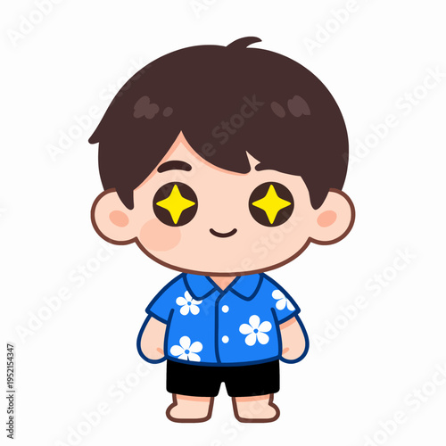 A happy young East Asian boy with star eyes wearing a blue floral Hawaiian shirt and black shorts, standing cheerfully outdoors during a summer vacation, cute chibi character design, isolated.