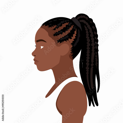 Flat vector illustration of a young Black woman athlete with braided hair in profile, wearing white sportswear, minimalist fitness concept isolated on white background for health and wellness design.