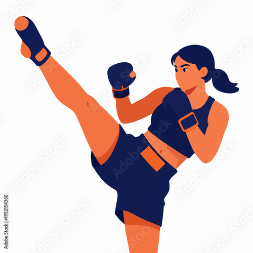 Muay Thai fighter woman performing high kick, Asian female athlete in combat sports training, flat vector illustration isolated on white background, fitness and martial arts concept art.