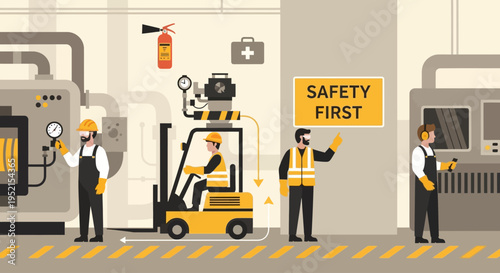 Illustration of industrial workers in a factory setting with safety gear and equipment, conveying a cautious and professional atmosphere.