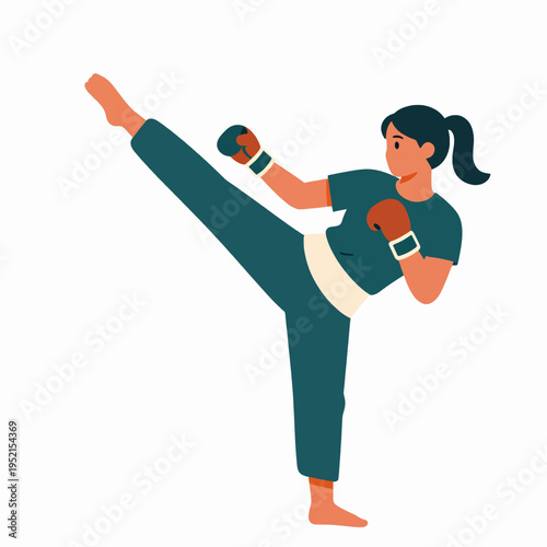Strong Southeast Asian Woman Practicing Muay Thai Kick, Professional Female Athlete in Teal Sportswear Training Indoors, Flat Vector Illustration of Martial Arts and Fitness Concept