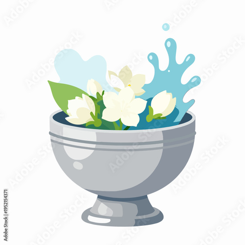 Traditional Thai Songkran Festival silver pedestal bowl with white jasmine flowers and blue water splash, flat vector illustration of Southeast Asian cultural celebration isolated on white.