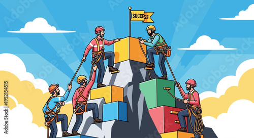 Illustration of a team of climbers in colorful outfits and helmets working together to reach the top of a mountain made of boxes under a bright blue sky with clouds.
